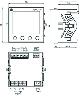 Анализатор электроэнергии ASM3 3x462 / 800V AC; 1A и 5A; RS-485 Modbus; Панель 96x96 мм
