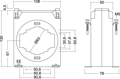M70472 Трансформатор тока TCH10 800/5A 0.2s 7.5VA, 0.5s 10VA, Ø63mm, Окно 50x50, 60x30, 80x30mm